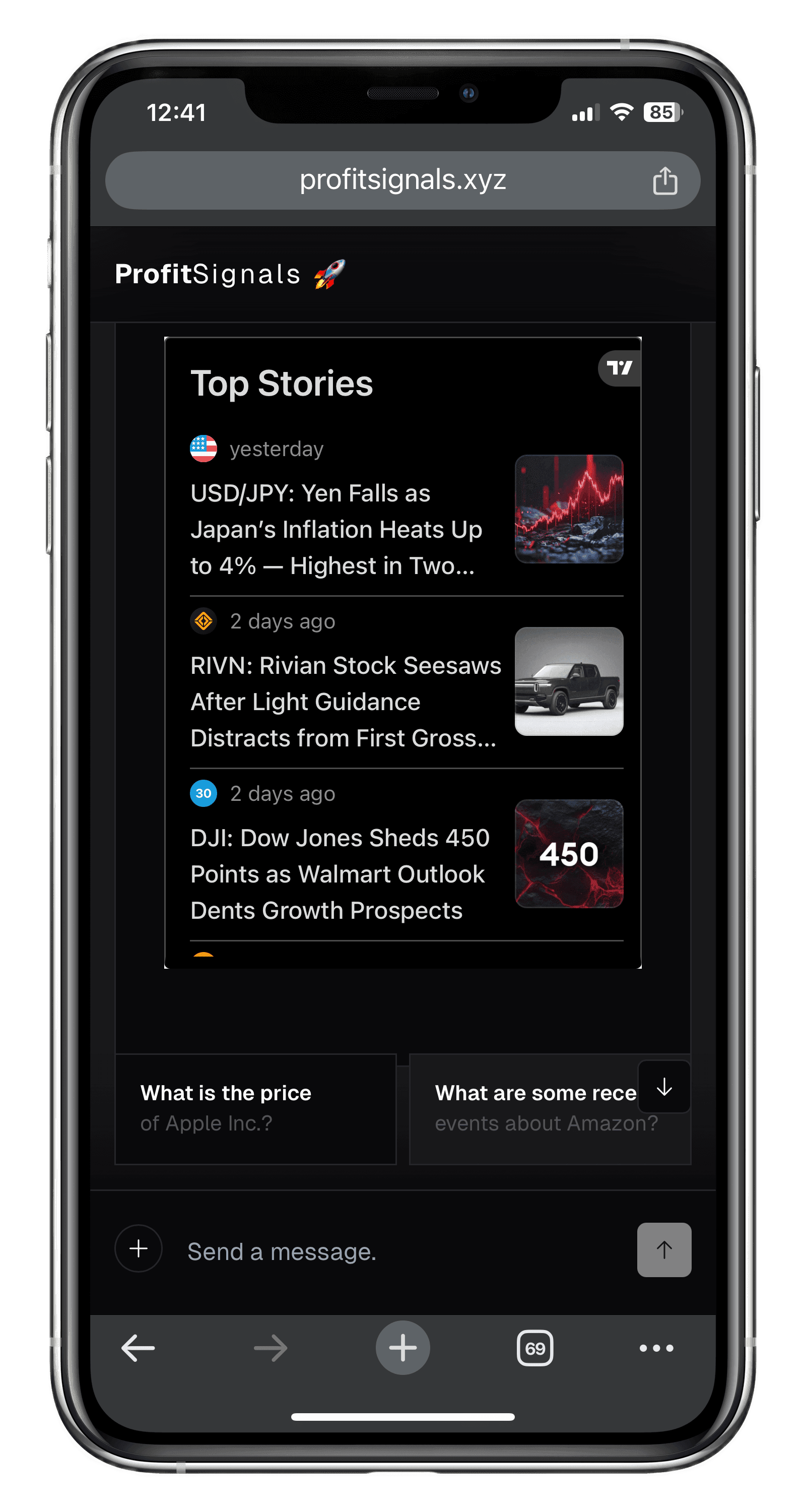 ProfitSignals.xyz AI agent preview with charts